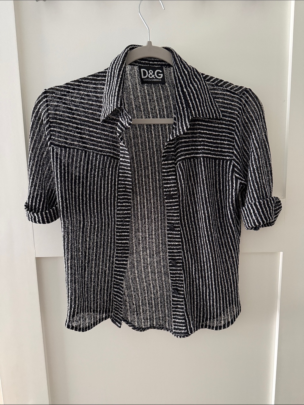 D&G Black and White Striped Knit Button-Up Top